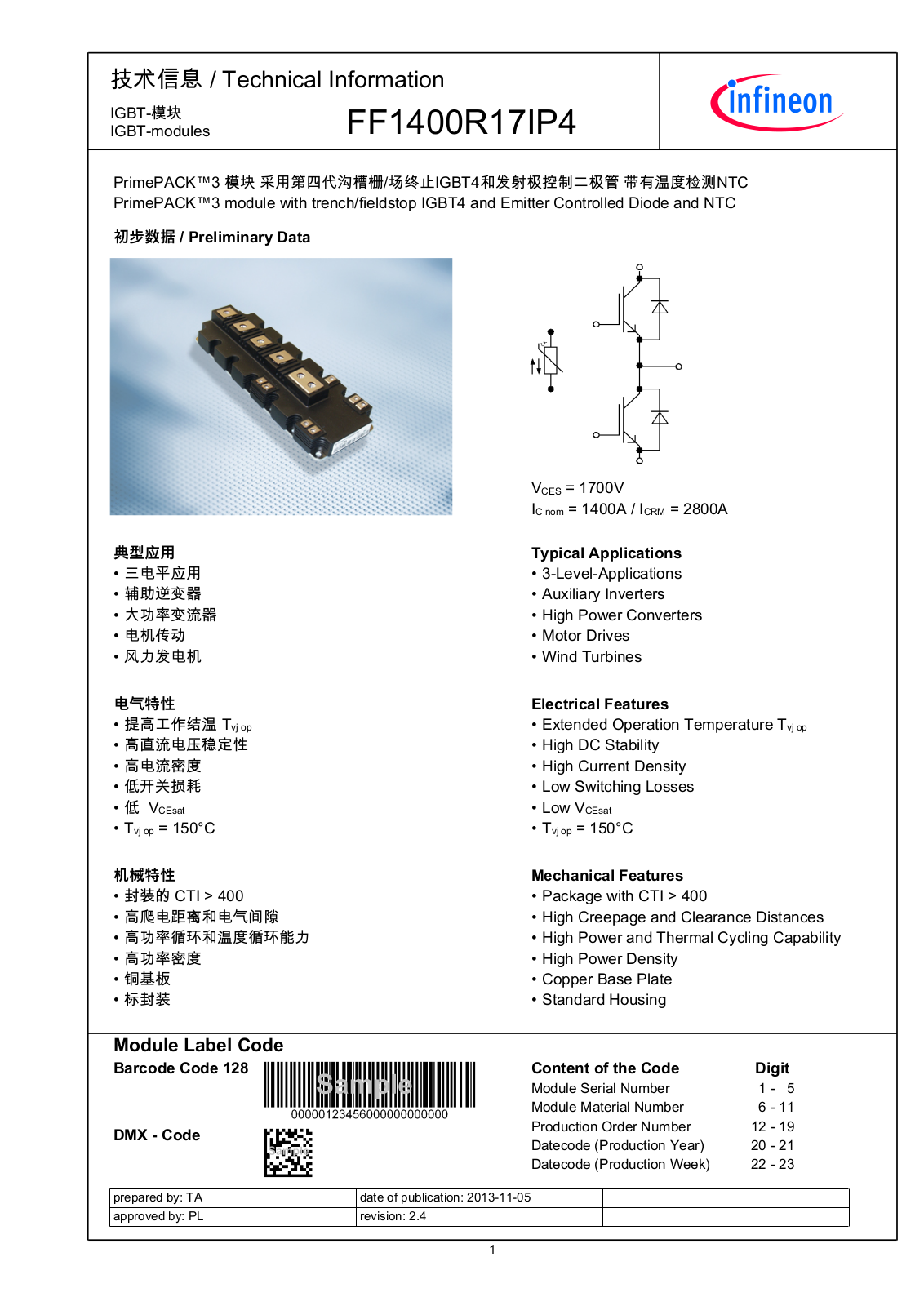 Infineon FF1400R17IP4 Data Sheet