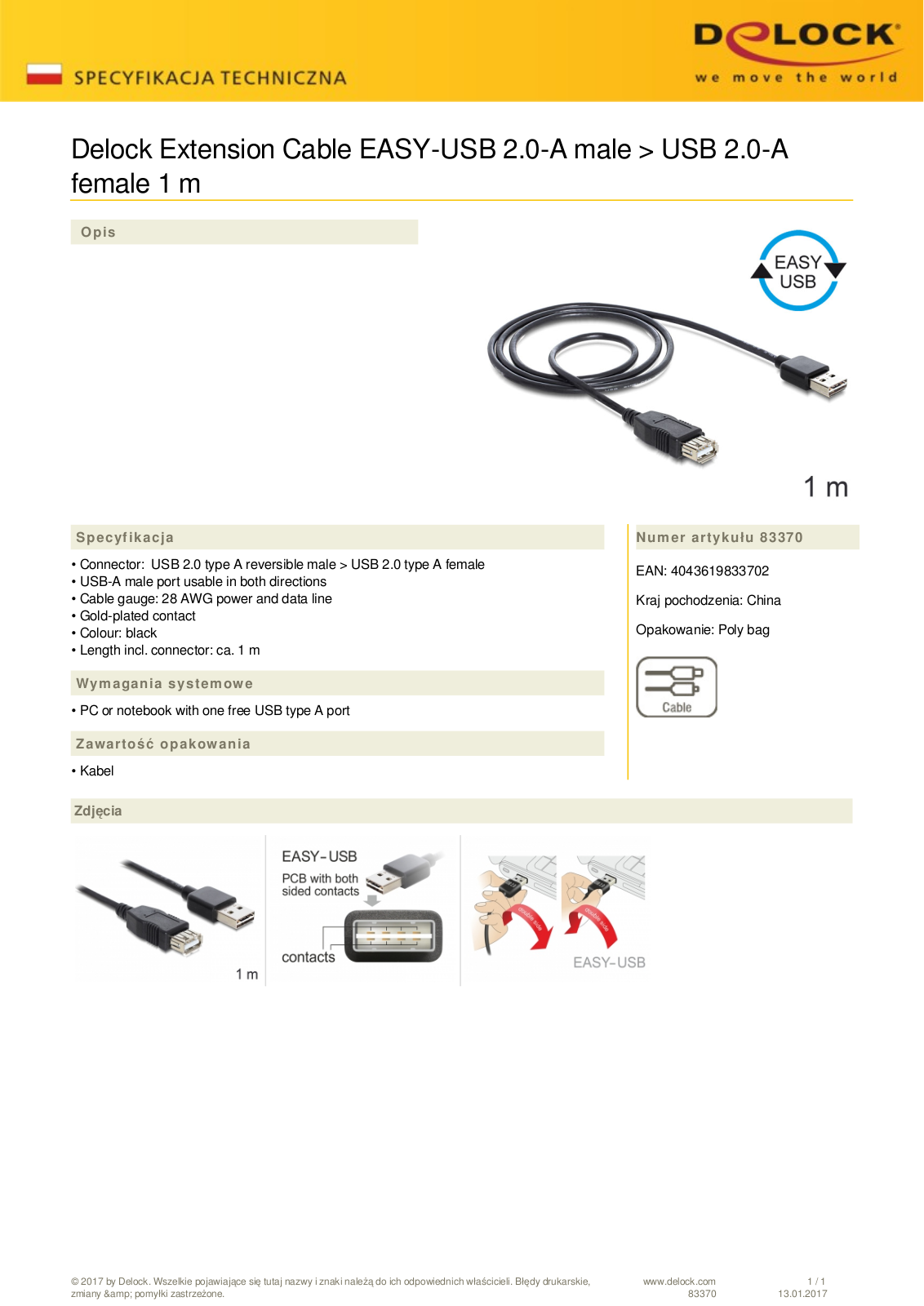 DeLOCK EASY-USB 2.0 extension cable, USB-A  plug  to USB-A  socket , 1m User Manual