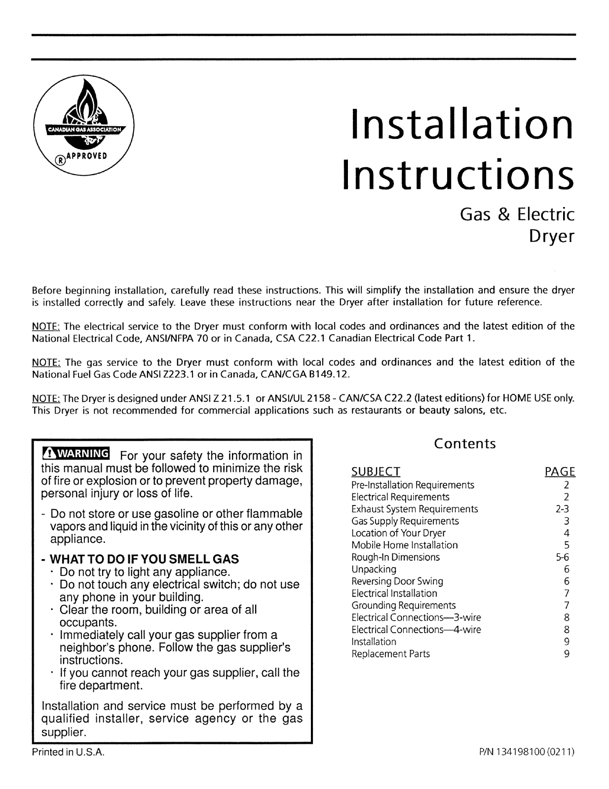 Frigidaire FER231AS2, GLER331AS2 Installation Guide