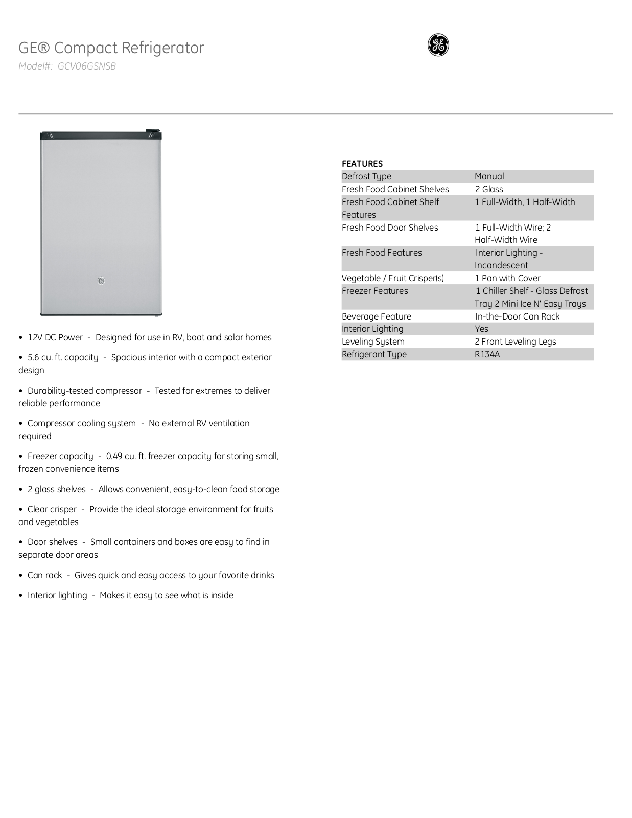 GE GCV06GSNSB Specs