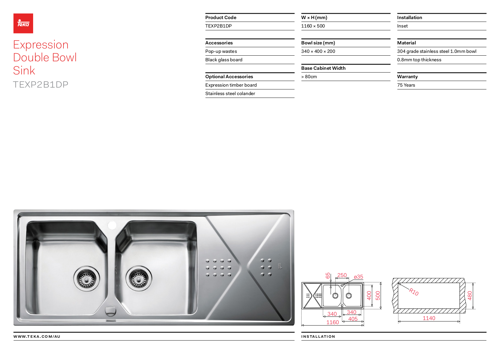 Teka TEXP2B1DP Specifications Sheet