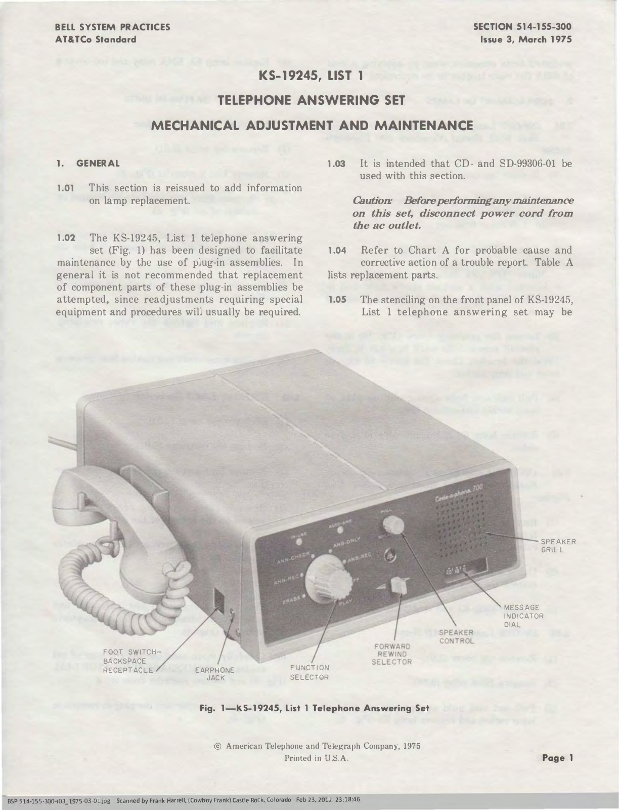 AT&T KS-19245 Mechanical Adjustment And Maintenance