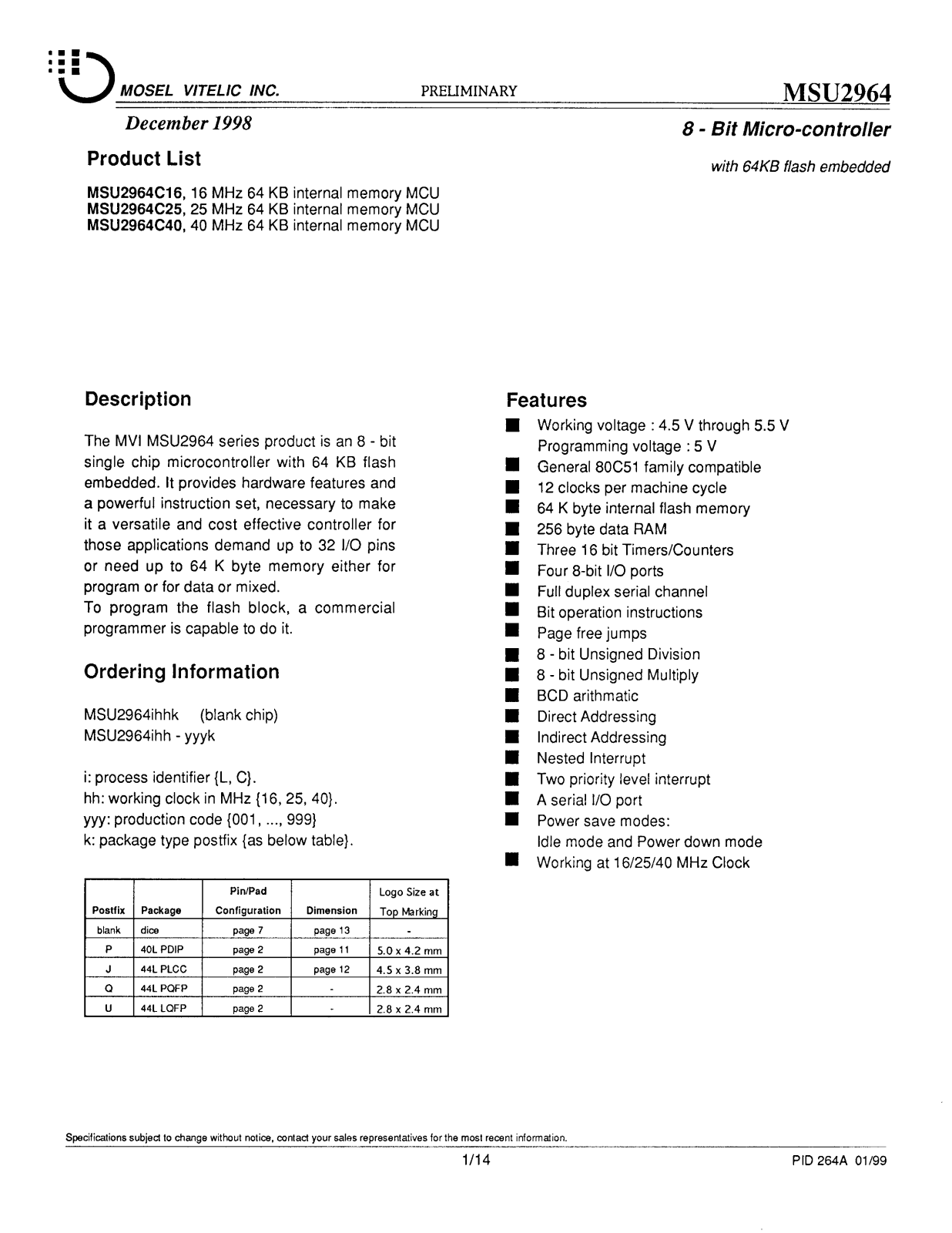 Mosel Vitelic MSU2964C25, MSU2964C40, MSU2964C16 Datasheet