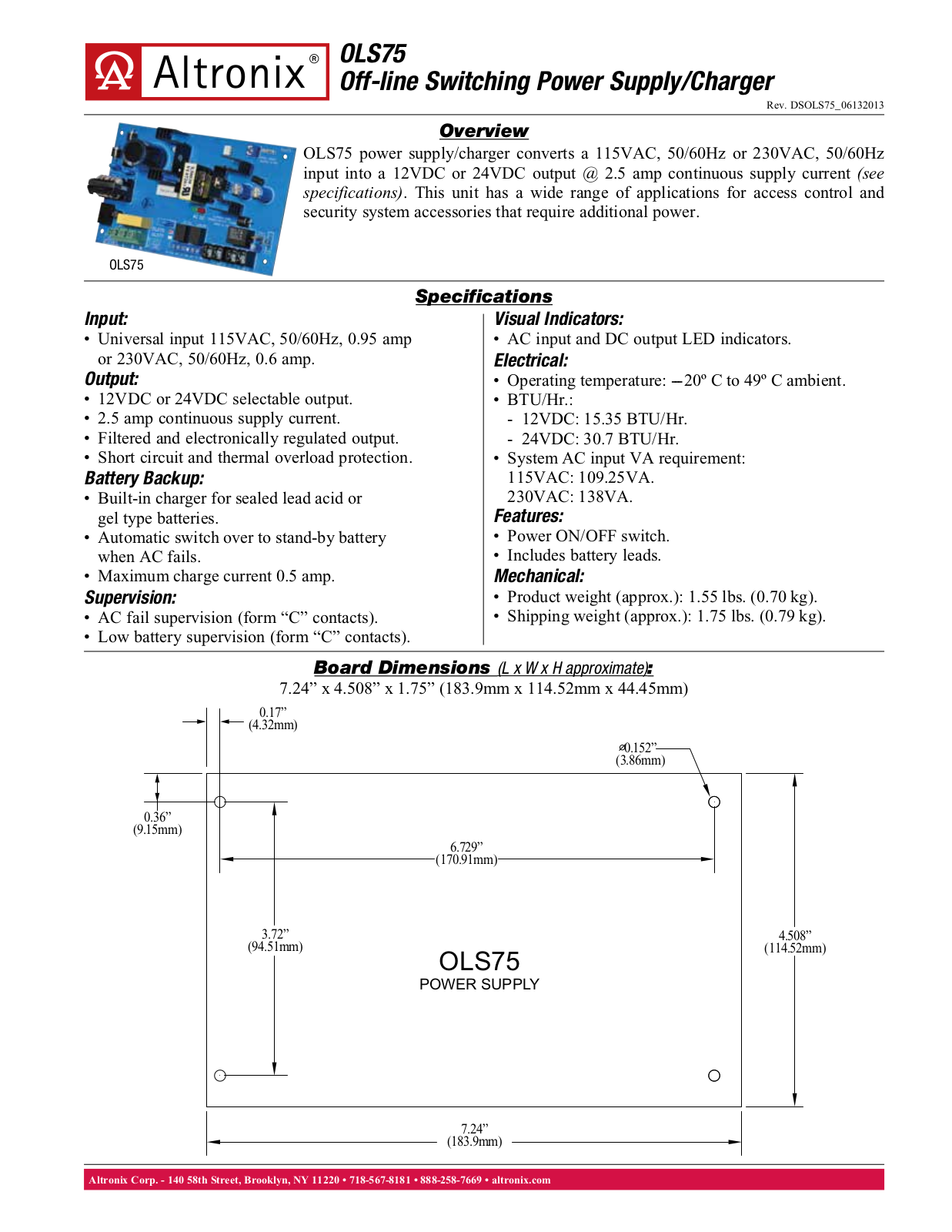 Altronix OLS75 Data Sheet