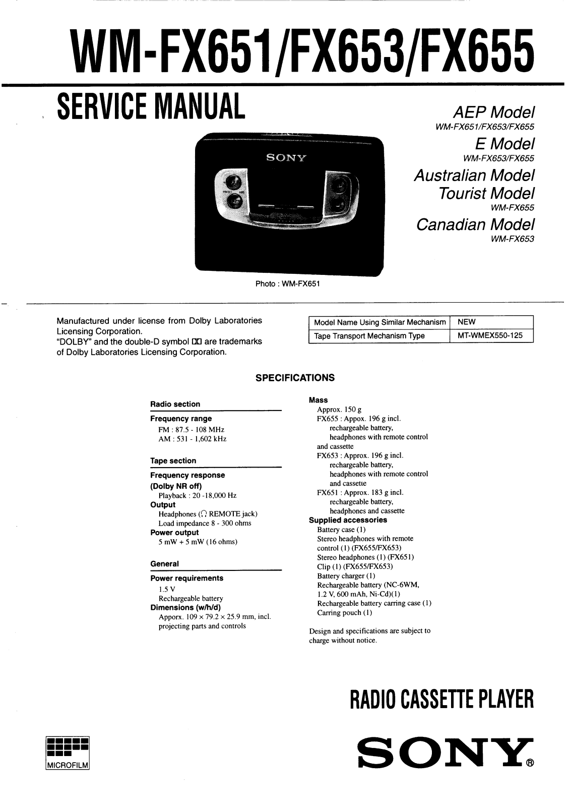 Sony WM-FX651, WM-FX653, WM-FX655 Service manual