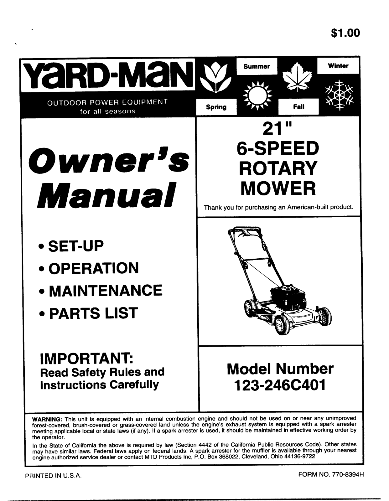 Yard-Man 123-246C401 User Manual