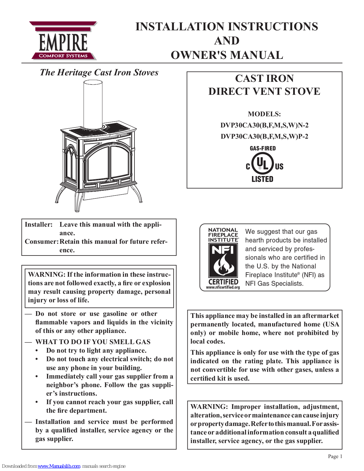 Empire Comfort Systems DVP30CA30FN-2, DVP30CA30MN-2, DVP30CA30FP-2, DVP30CA30SP-2, DVP30CA30WP-2 Installation Instructions And Owner's Manual