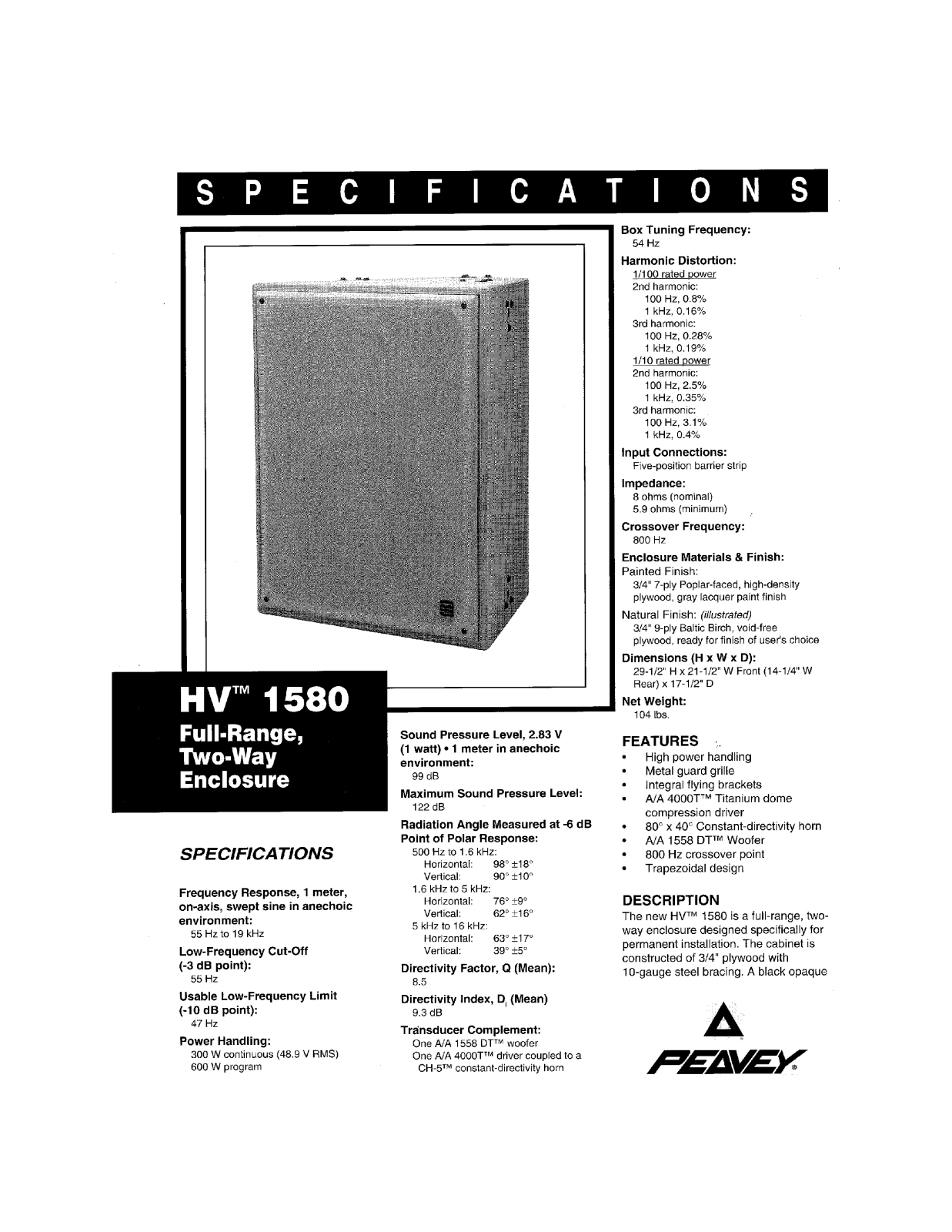 Peavey HV 1580 DATASHEET