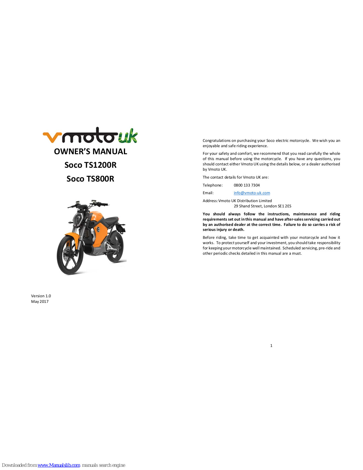 Vmoto UK SOCO TS1200R, SOCO TS800R Owner's Manual