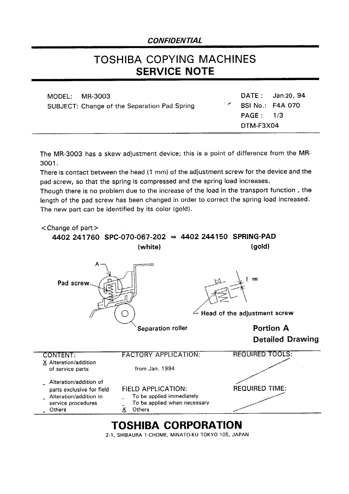 Toshiba f4a070 Service Note