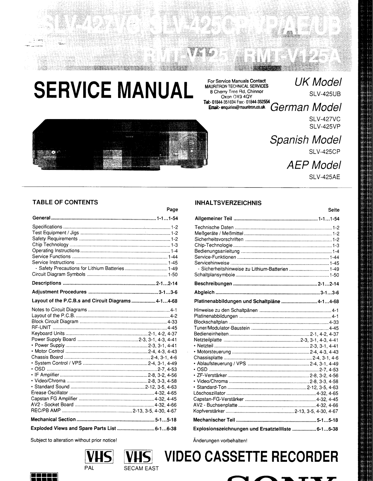 Sony SLV-425UB, SLV-425AE, SLV-425VP, SLV-425CP User Manual