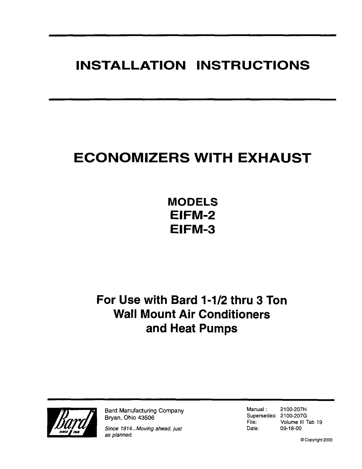 Bard EIFM-2, EIFM-3 User Manual