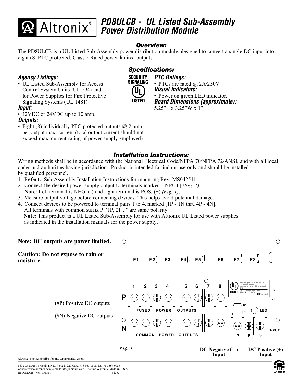 Altronix PD8ULCB Installation Instructions