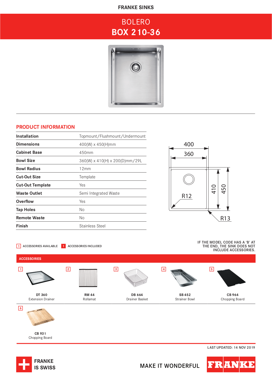 Franke BOX210-36 Specifications Sheet