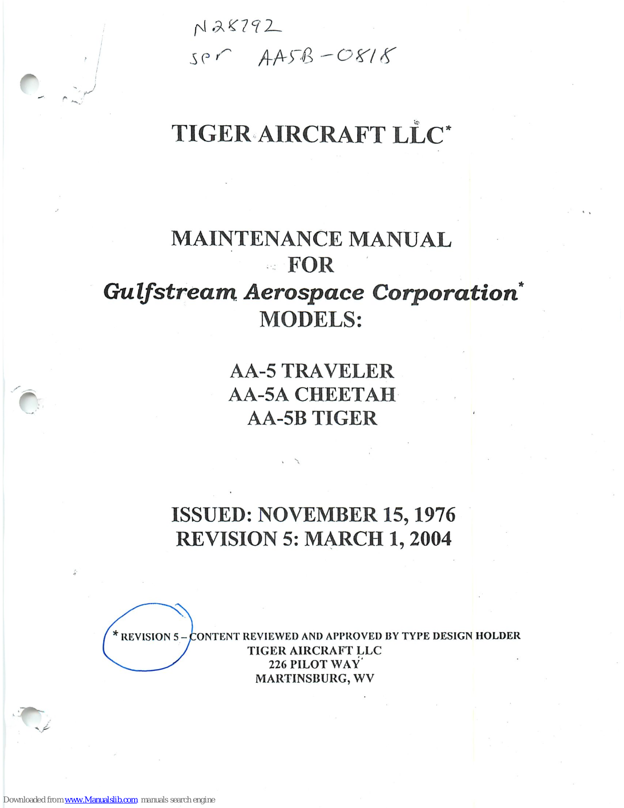 Tiger Aircraft AA-5 TRAVELER, AA-5A CHEETAH, AA-5B TIGER Maintenance Manual