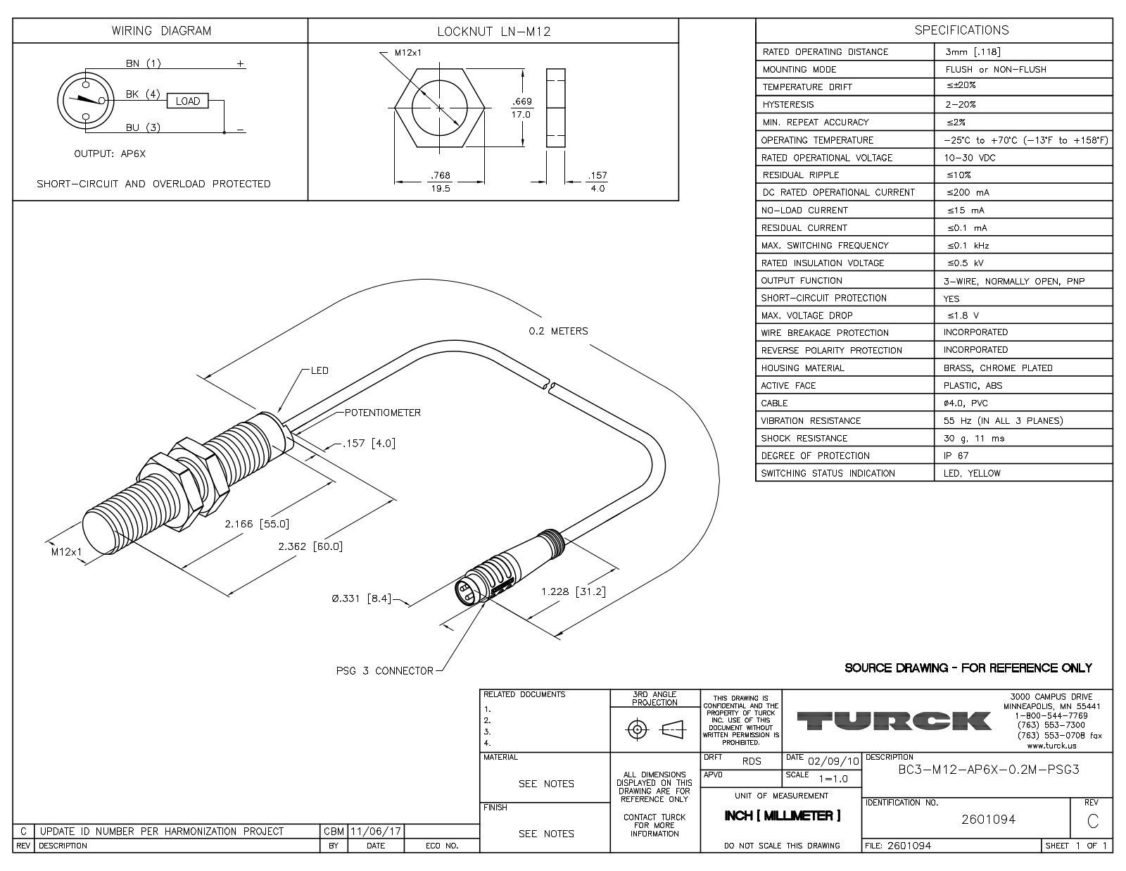 Turck BC3-M12-AP6X-0.2-PSG3 Data Sheet