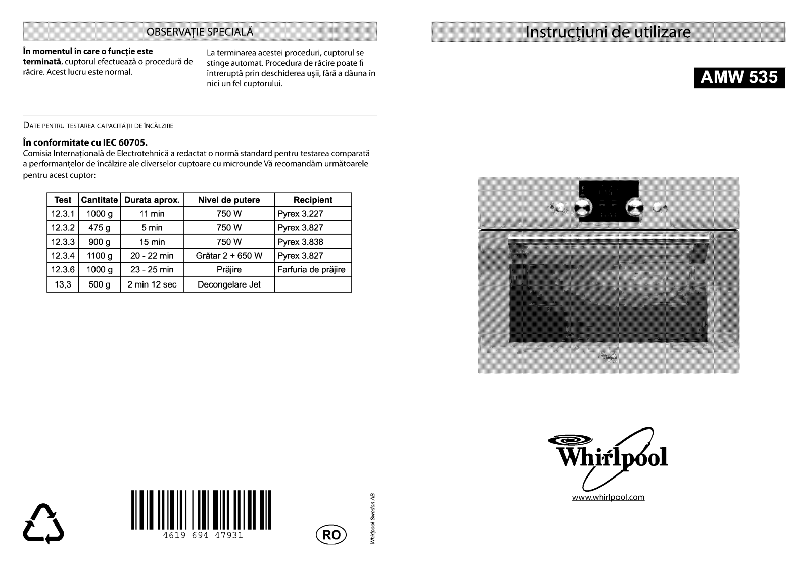 WHIRLPOOL AMW 535 IX User Manual