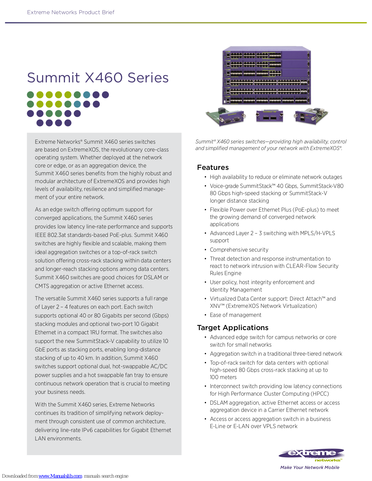 Extreme Networks Summit X460-48t, Summit X460-48p, Summit X460-24tDC, Summit X460-24xDC, Summit X460-48x Specification