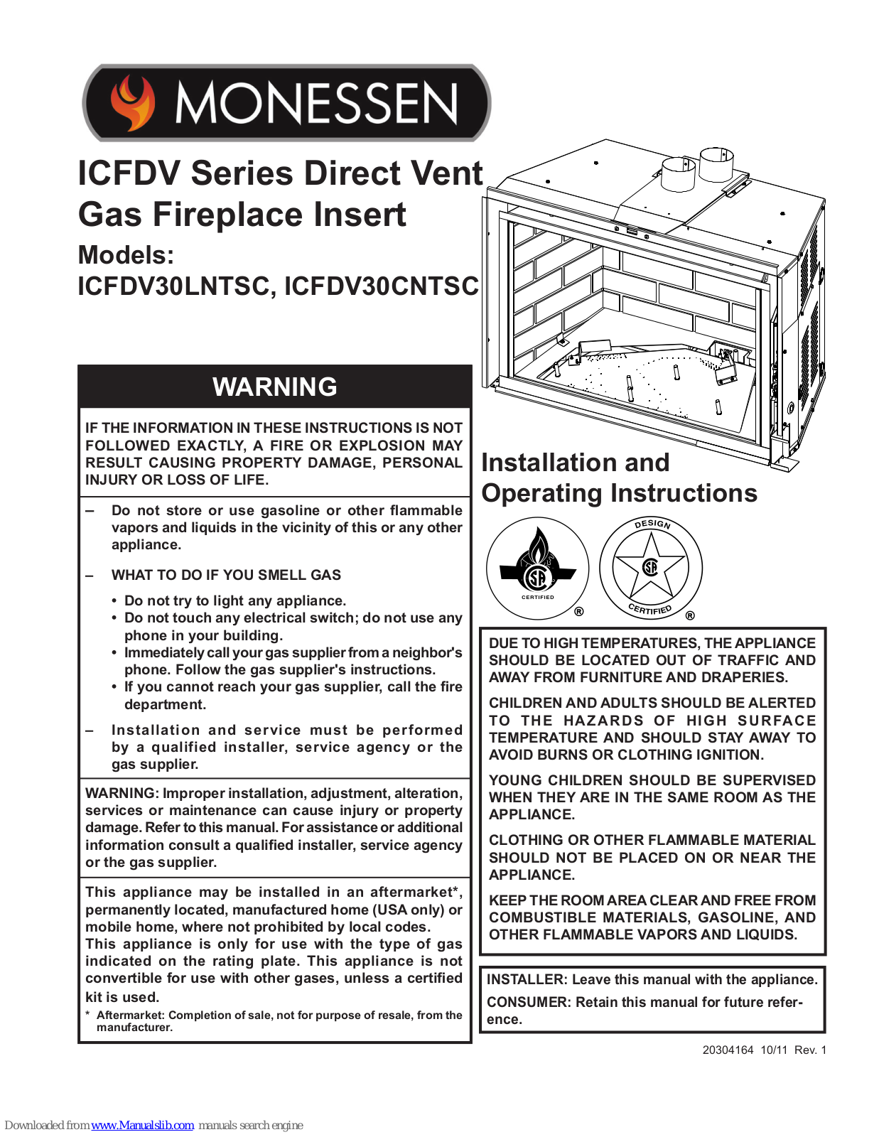 Monessen Hearth ICFDV30LNTSC, ICFDV30CNTSC Installation And Operating Instructions Manual