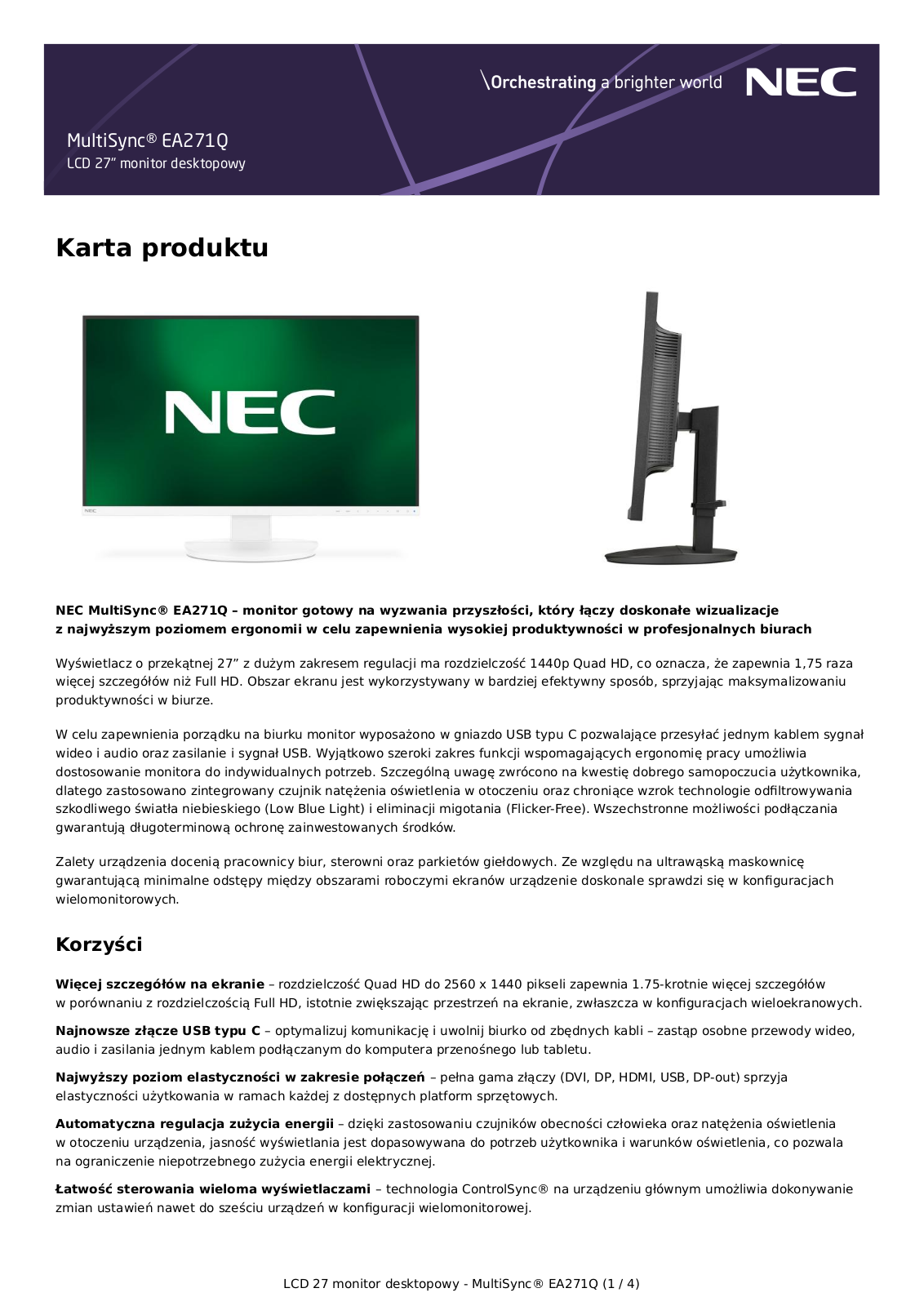 NEC EA271Q-BK Karta produktu