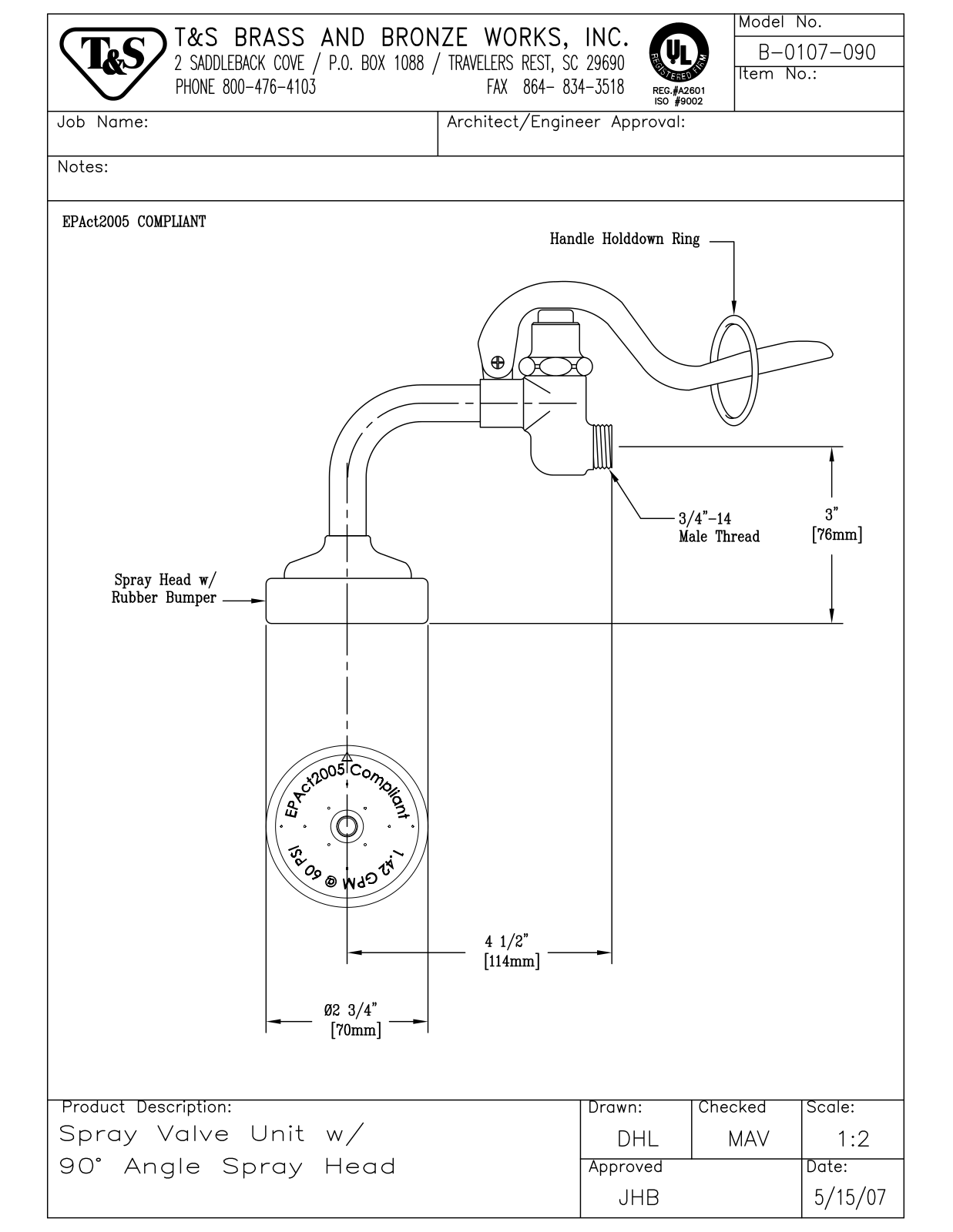 T&S Brass B-0107-090 User Manual