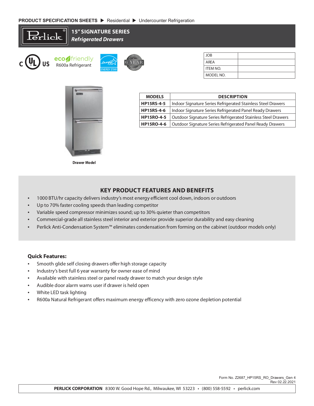 Perlick HP15RS-4-5, HP15RS-4-6, HP15RO-4-5, HP15RO-4-6 Specification Sheet