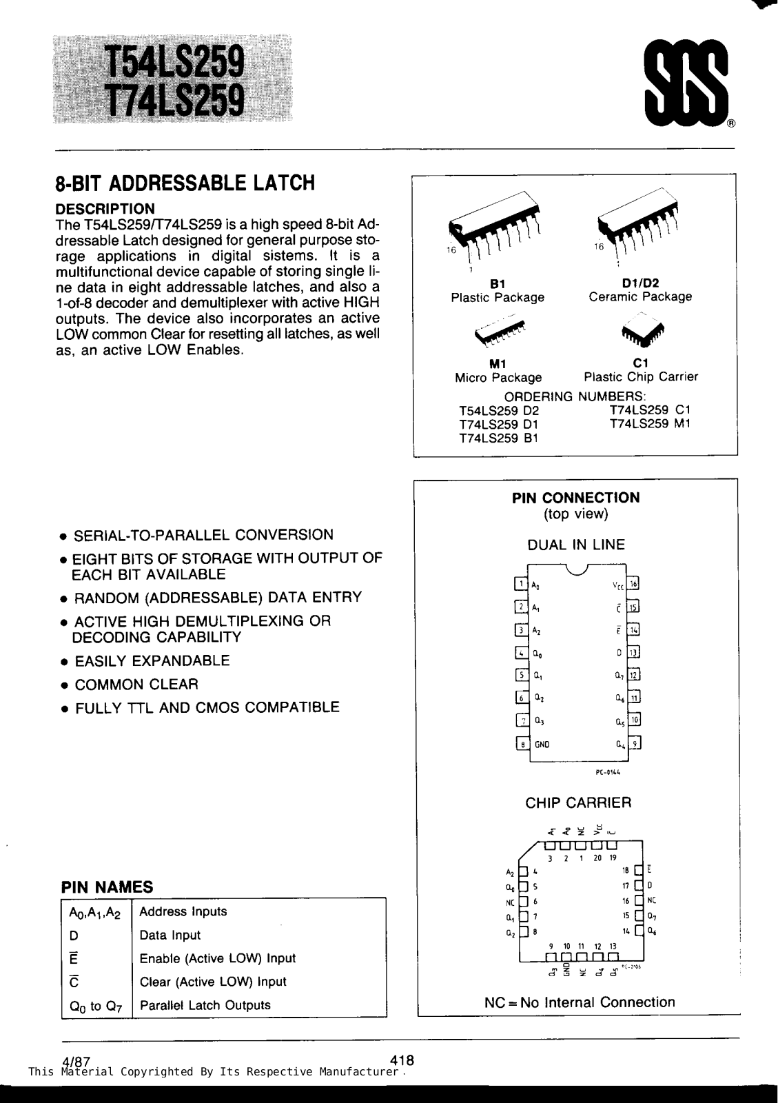 Datasheet T74LS259B1 Specification - ManualMachine.com