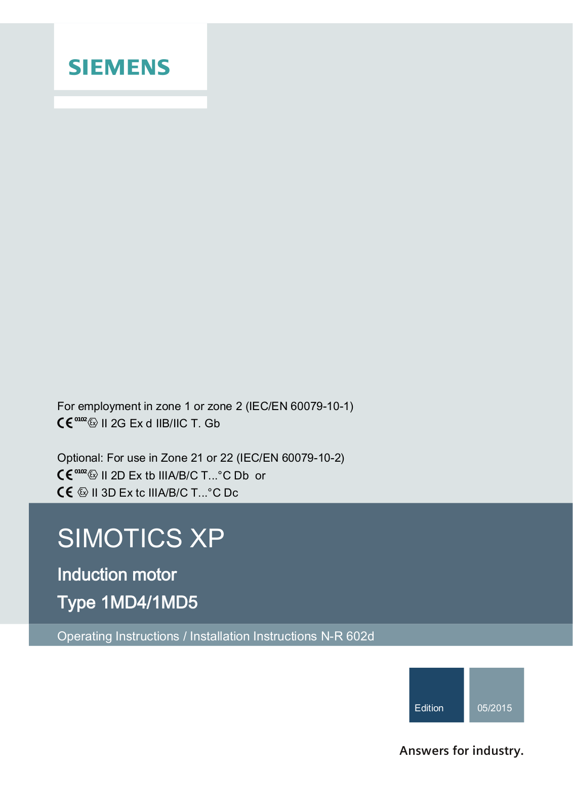 Siemens SIMOTICS XP 1MD4, SIMOTICS XP 1MD5 Operating Instructions And Installation Instructions