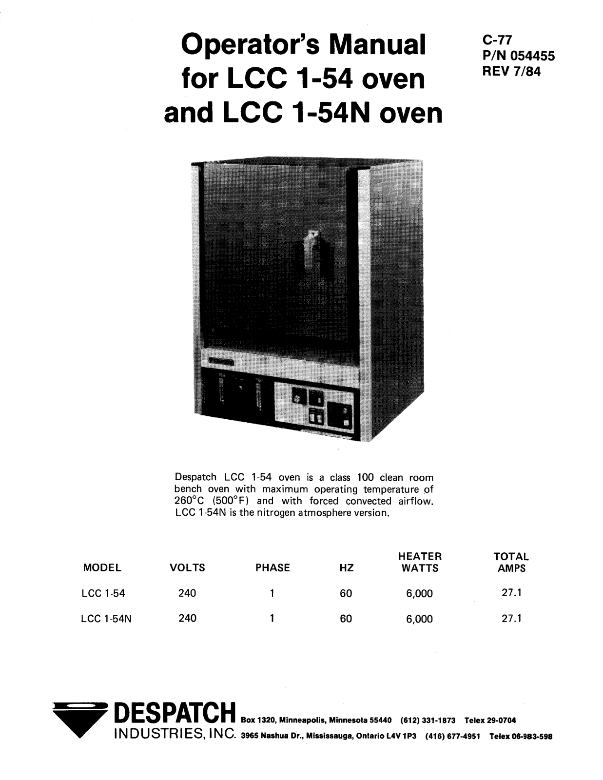 Despatch LCC1-54 Specifications