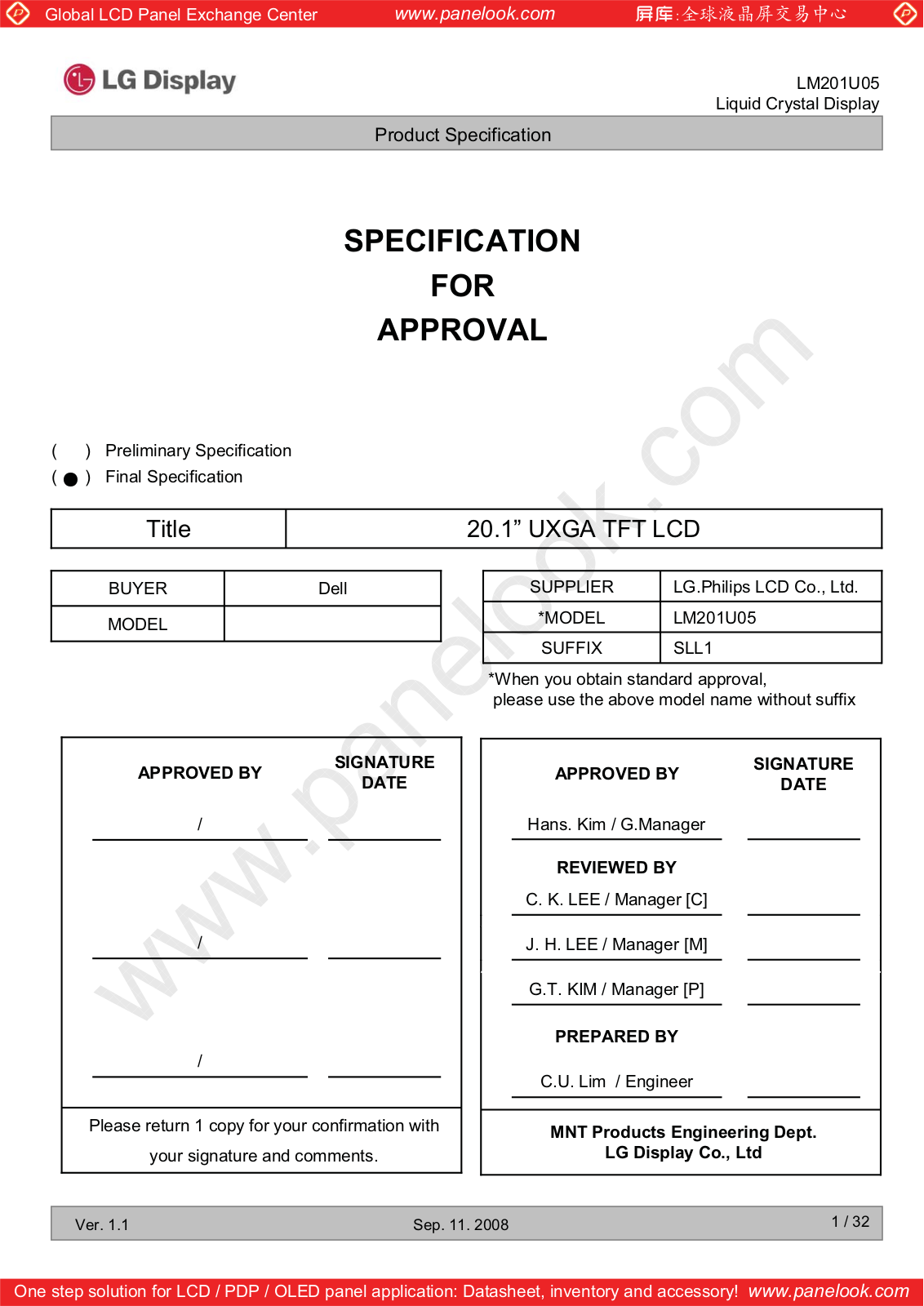 LG Display LM201U05-SLL1 Specification