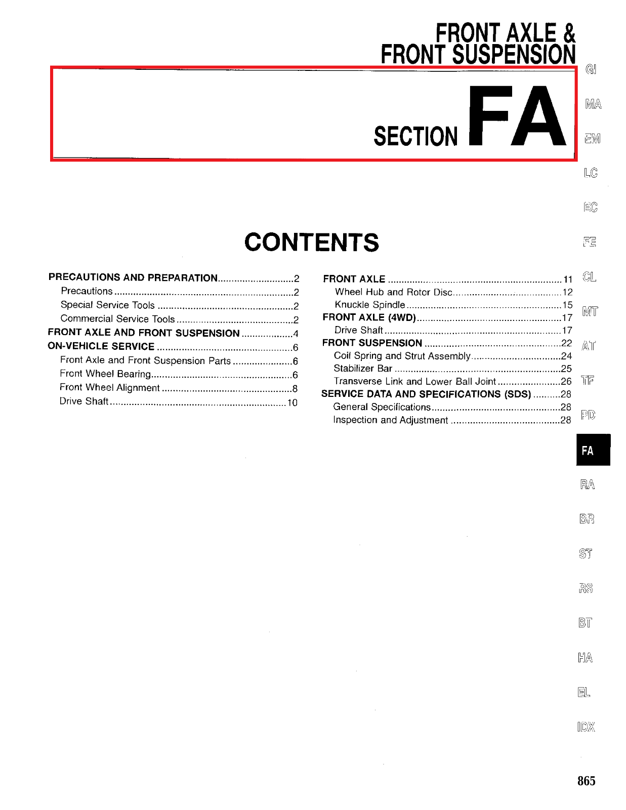 Nissan Pathfinder Front Axle  FA 1997 Owner's Manual