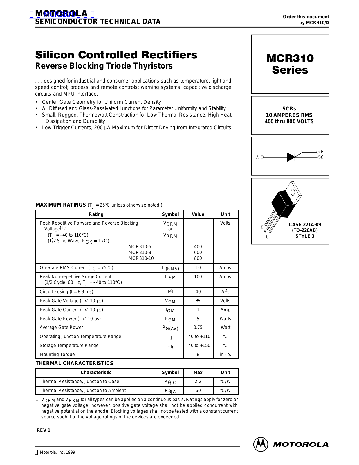 MOTOROLA MCR310 Technical data