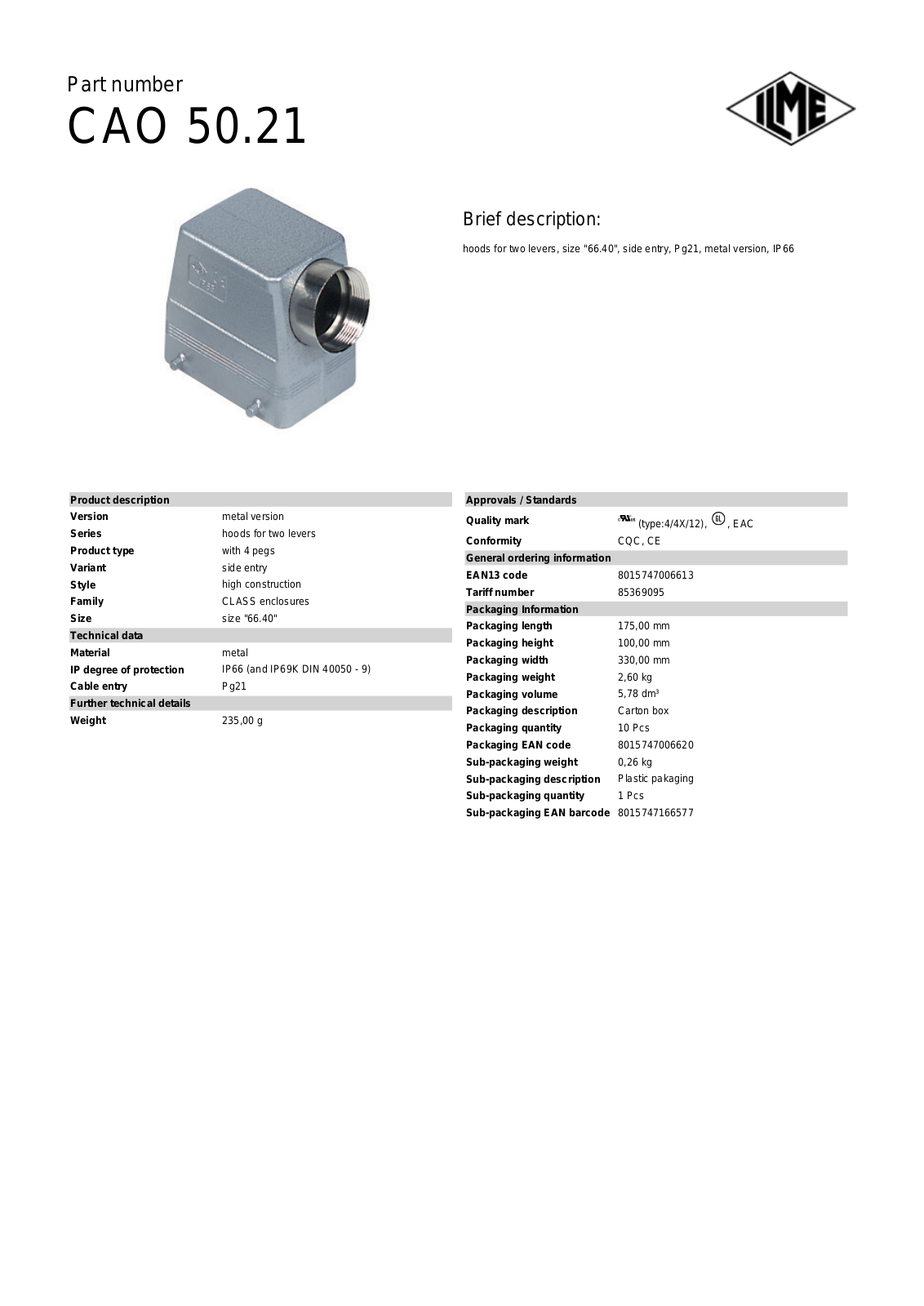 Datasheet CAO-50.21 Datasheet (ILME) - ManualMachine.com