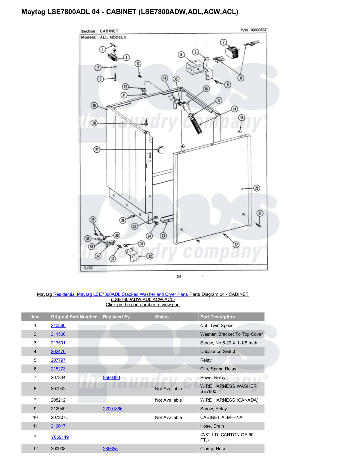 Maytag LSE7800ADL Stacked and Parts Diagram