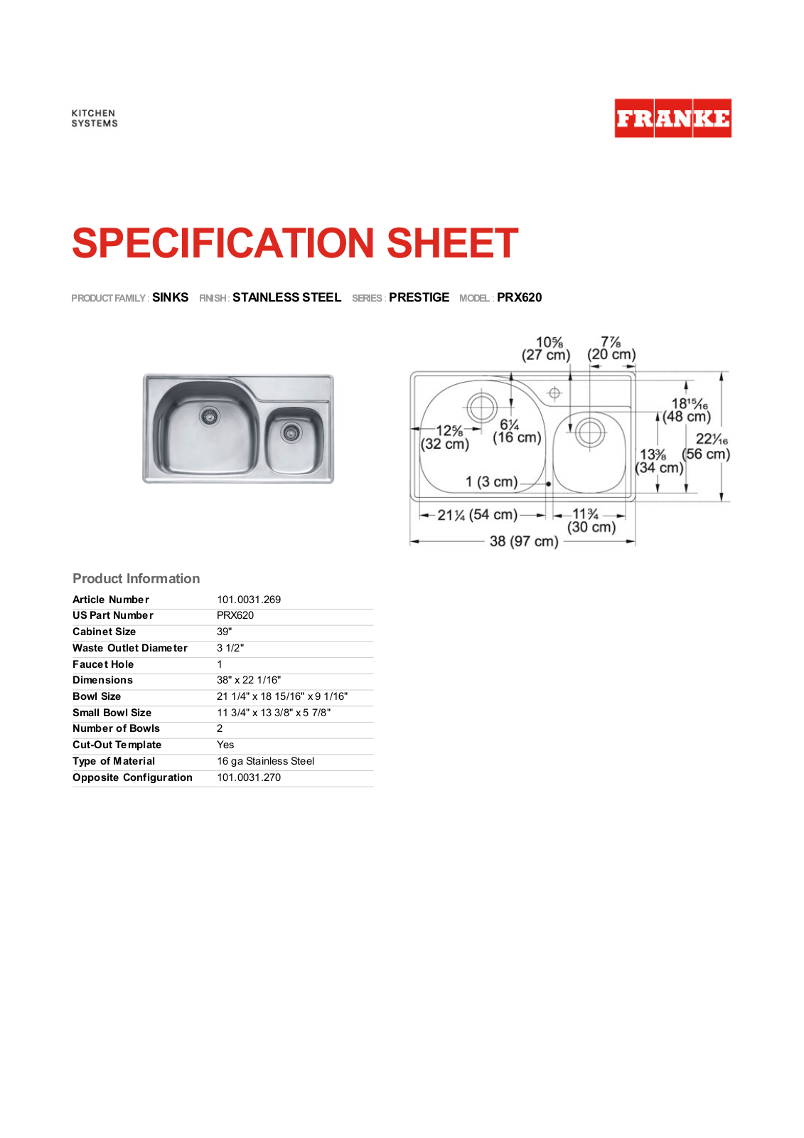 Franke Foodservice PRX620 User Manual