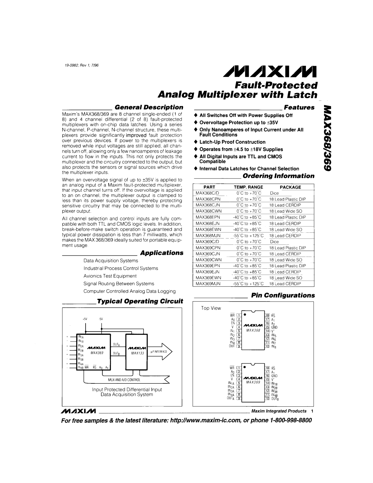 Maxim MAX369EWN, MAX369EPN, MAX369EJN, MAX369CWN, MAX369CPN Datasheet