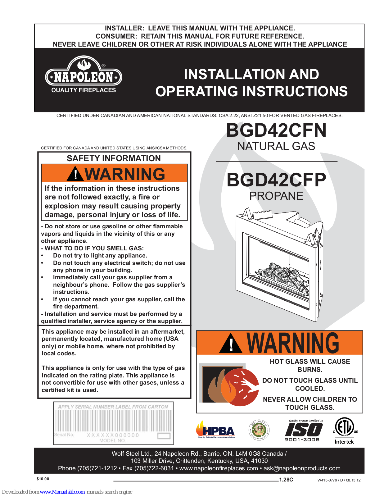 Napoleon BGD42CFN, BGD42CFP Installation And Operating Instructions Manual