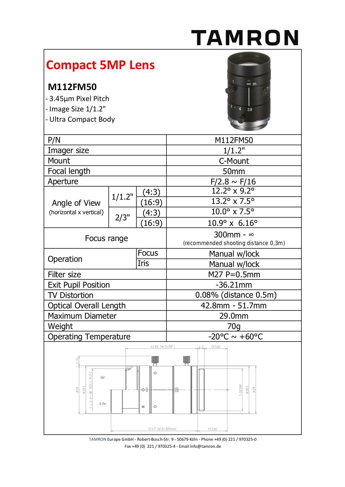 Tamron M112FM50 Specsheet