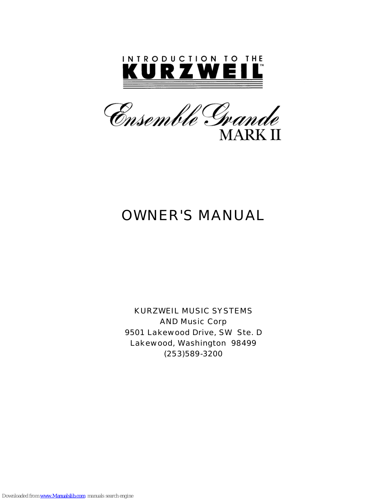 Kurzweil ENSEMBLE GRANDE MARK II Owner's Manual