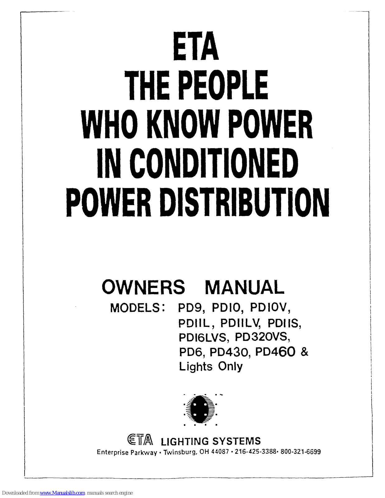 ETA Systems PD9, PDIOV, PDIIL, PDIO, PDIILV Owner's Manual