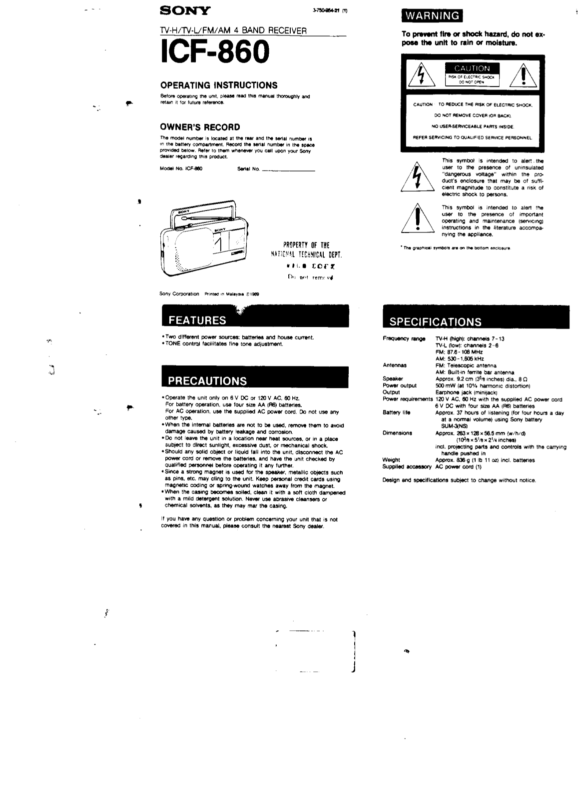 Sony ICF-860 Operating Instructions