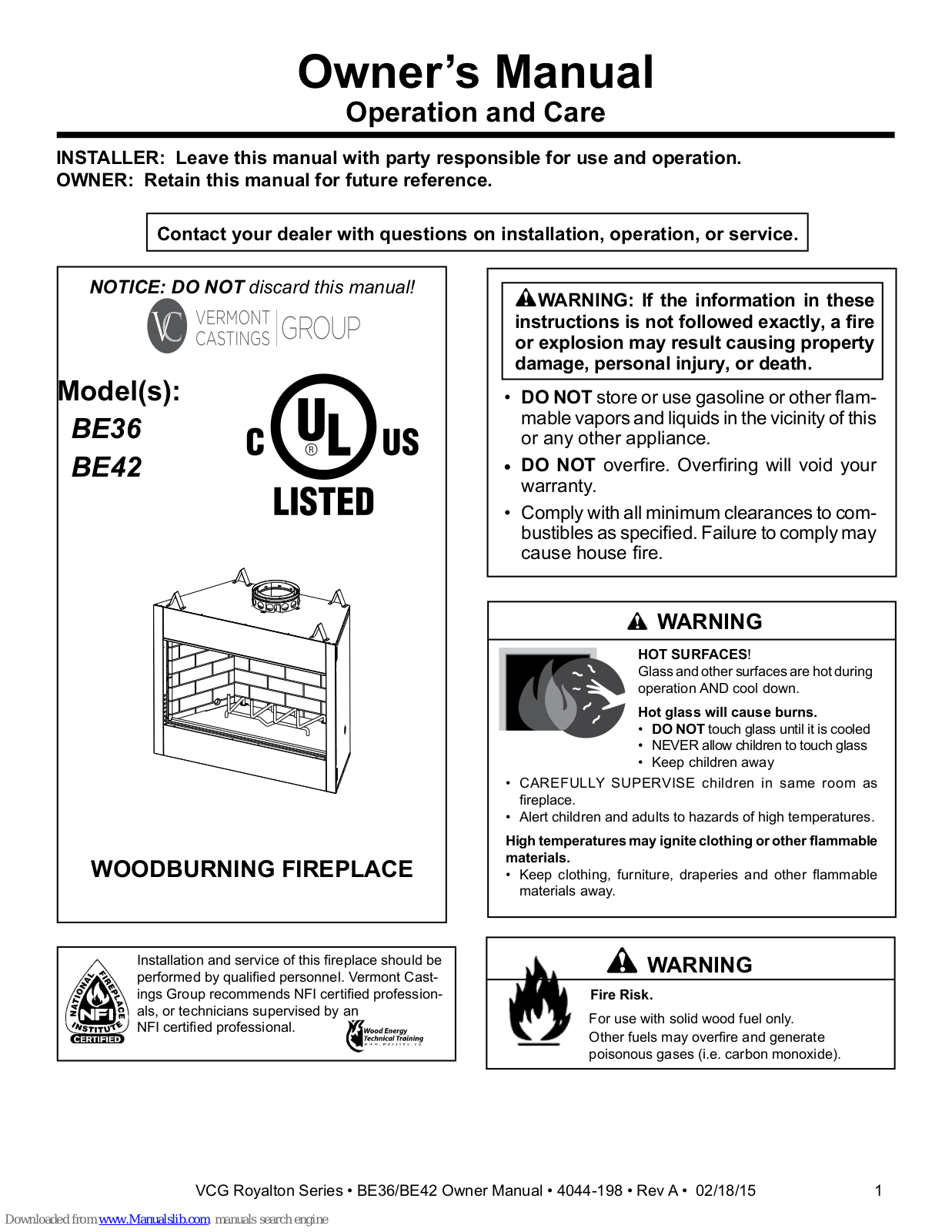 Vermont Castings BE36, BE42 Owner's Manual