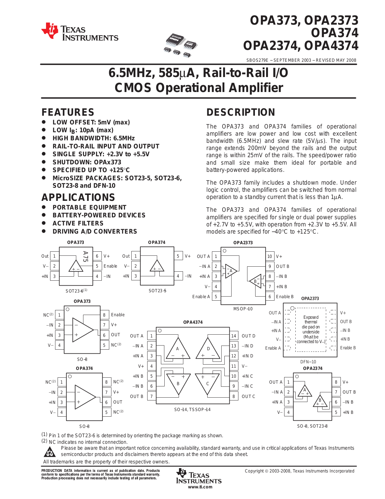 Texas Instruments OPA2373AIDGS, OPA2373AIDRC, OPA2374AIDCN, OPA373AIDBV, OPA374AIDBV Schematic