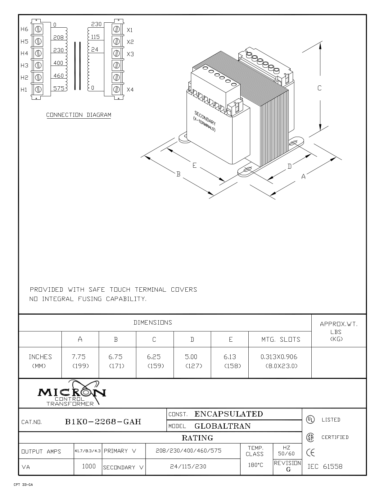 Micron Industries B1K0-2268-GAH Specification Sheet