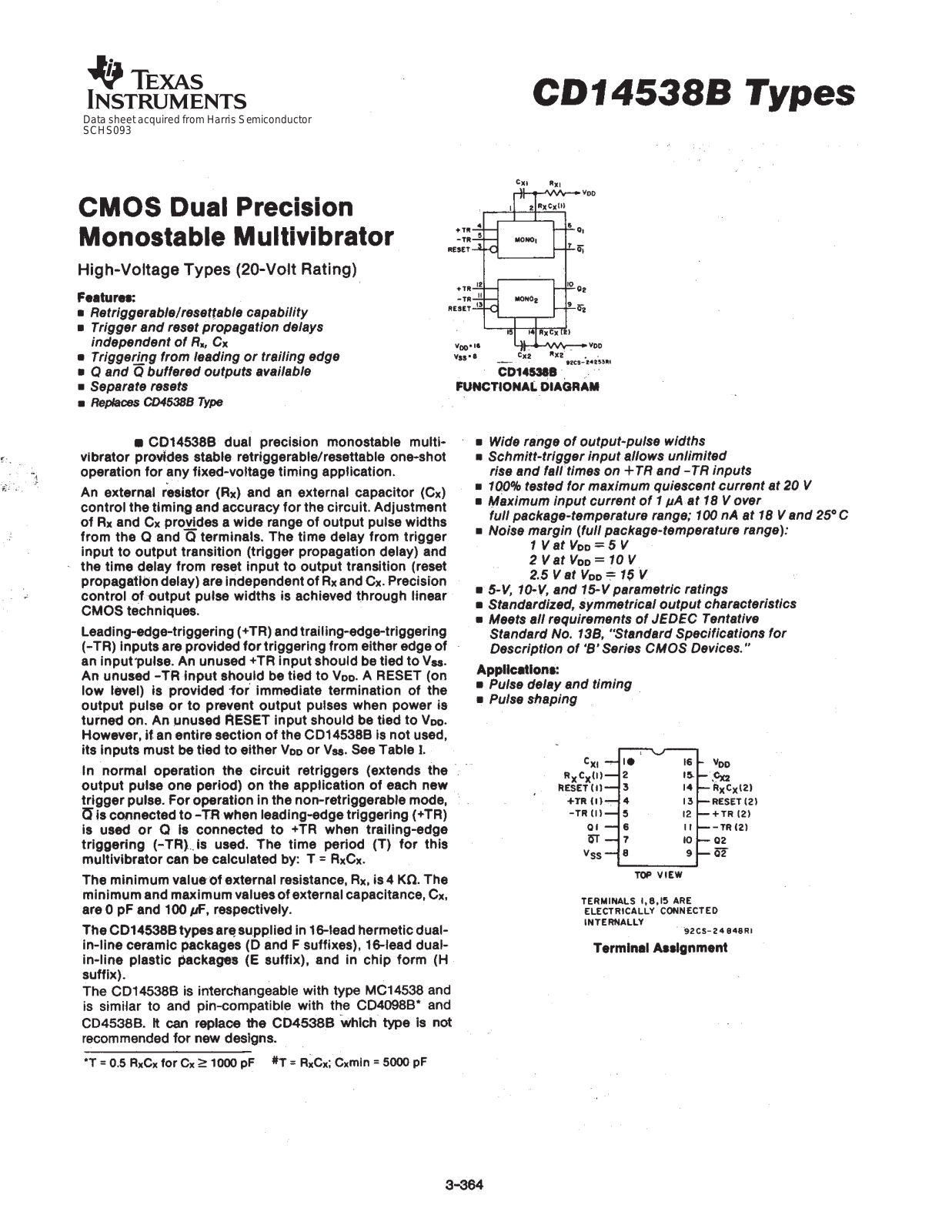 Datasheet CD14538BPWR, CD14538BPW, CD14538BNSR, CD14538BF3A, CD14538BF Datasheet (Texas Instruments) - ManualMachine.com