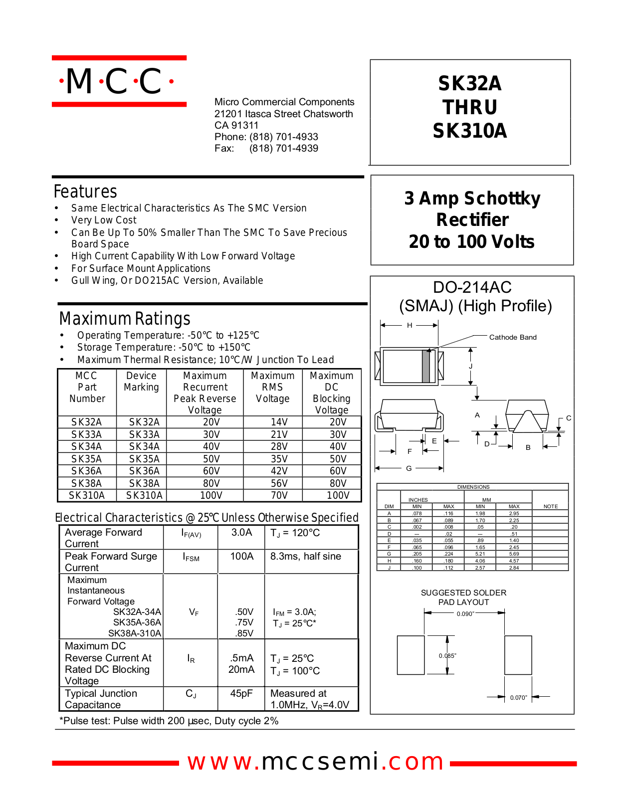 MCC SK34A, SK38A, SK32A, SK36A, SK310A Datasheet