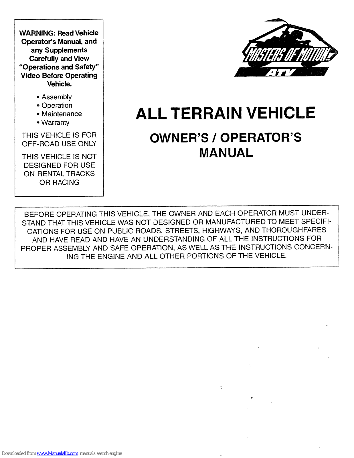 MANCO ALL TERRAIN VEHICLE Owner's/operator's Manual