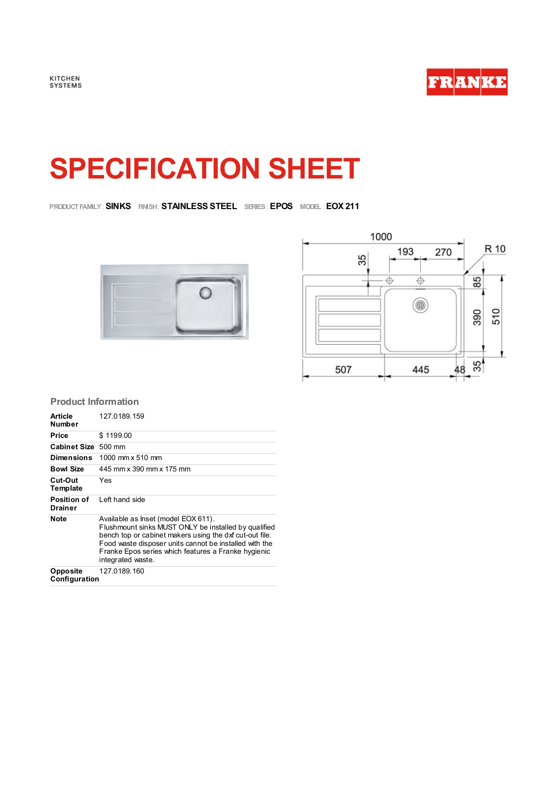 Franke Foodservice EOX 211 Specification