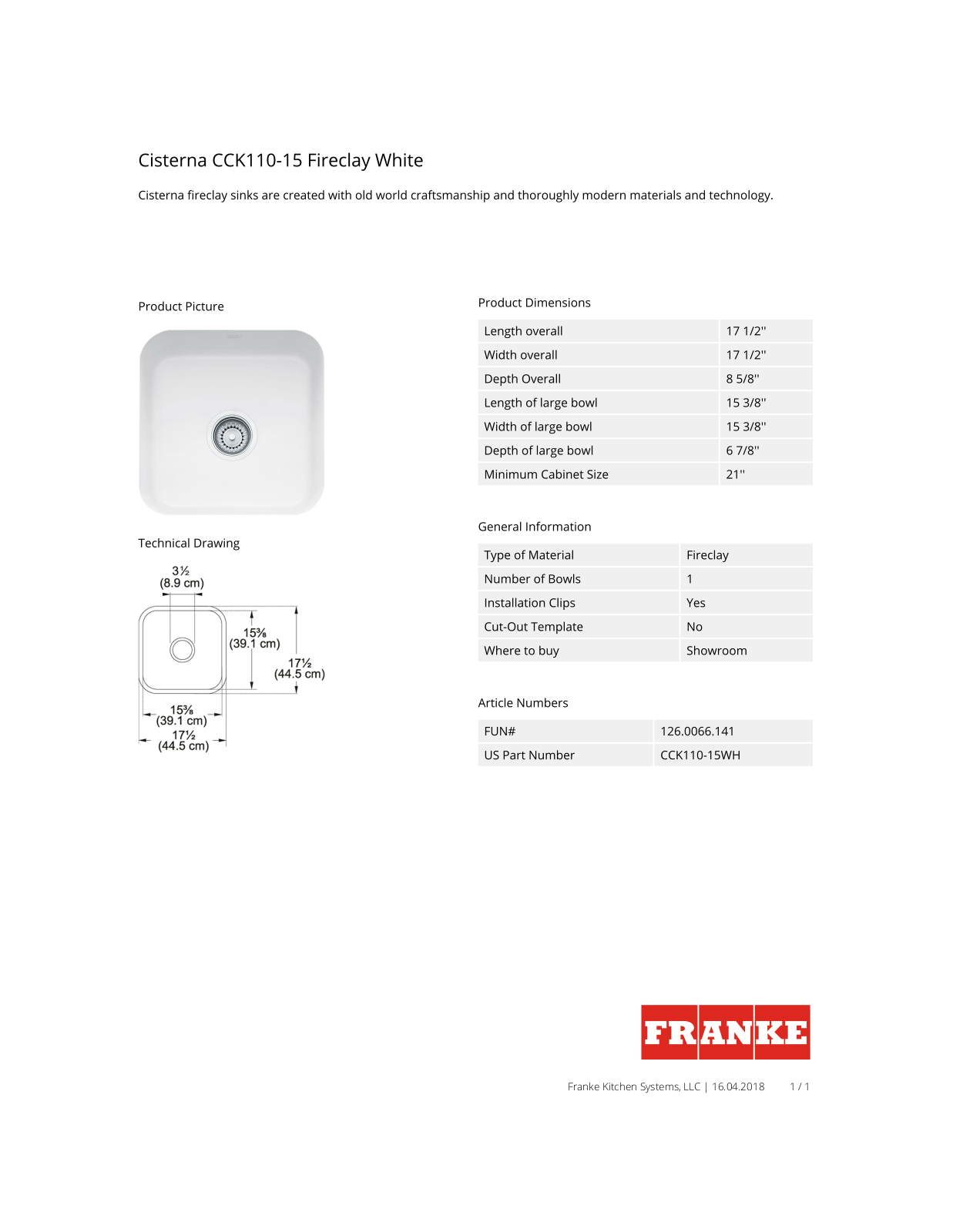 Franke CCK11015WH Specs