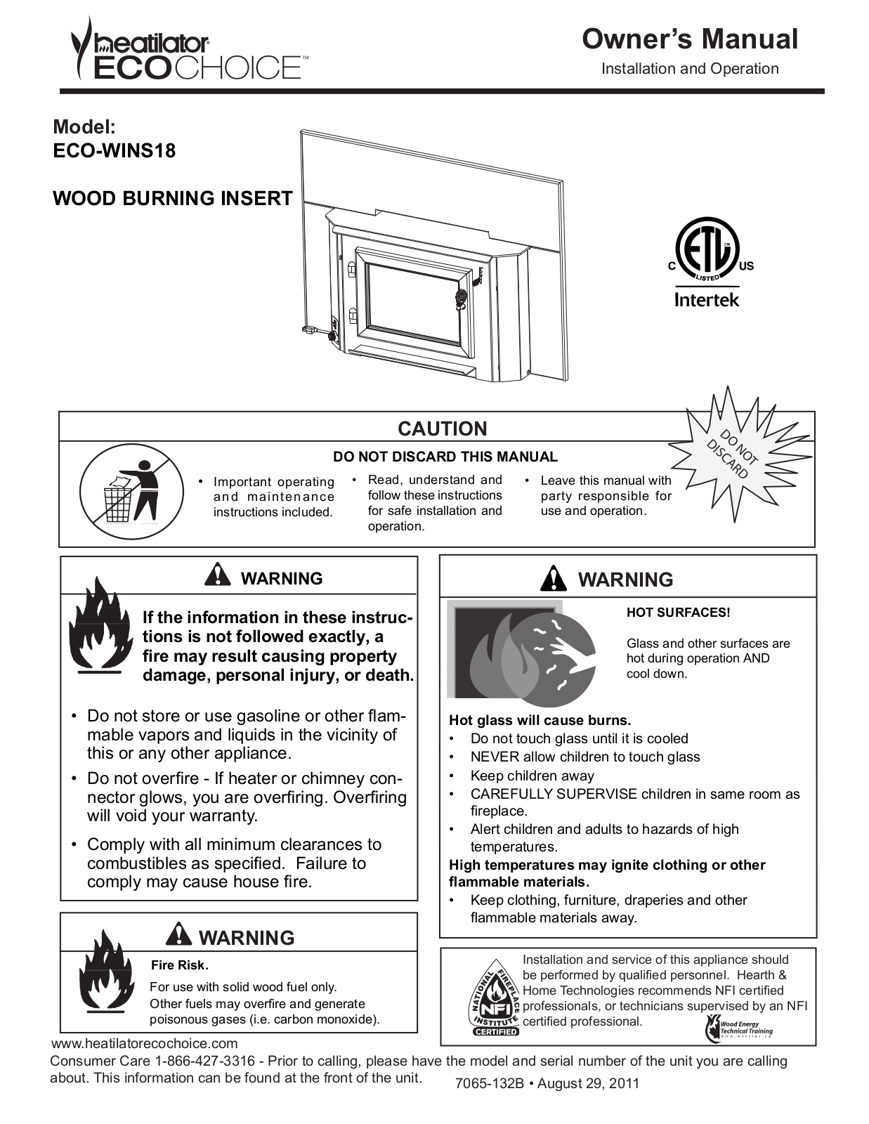 Heatiator ECO-WINS18 User Manual